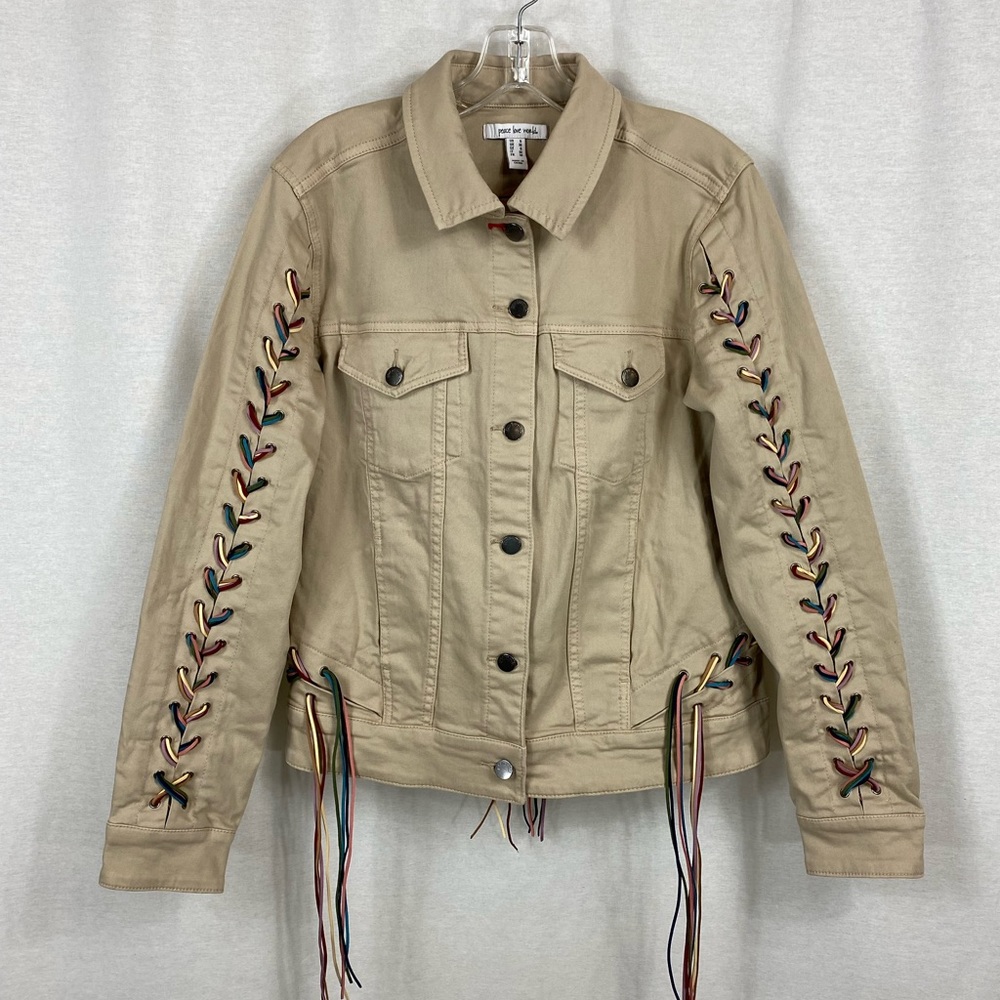 Peace Love World Tan Cream Color Jean Tassel Jacket - Picture 2 of 7